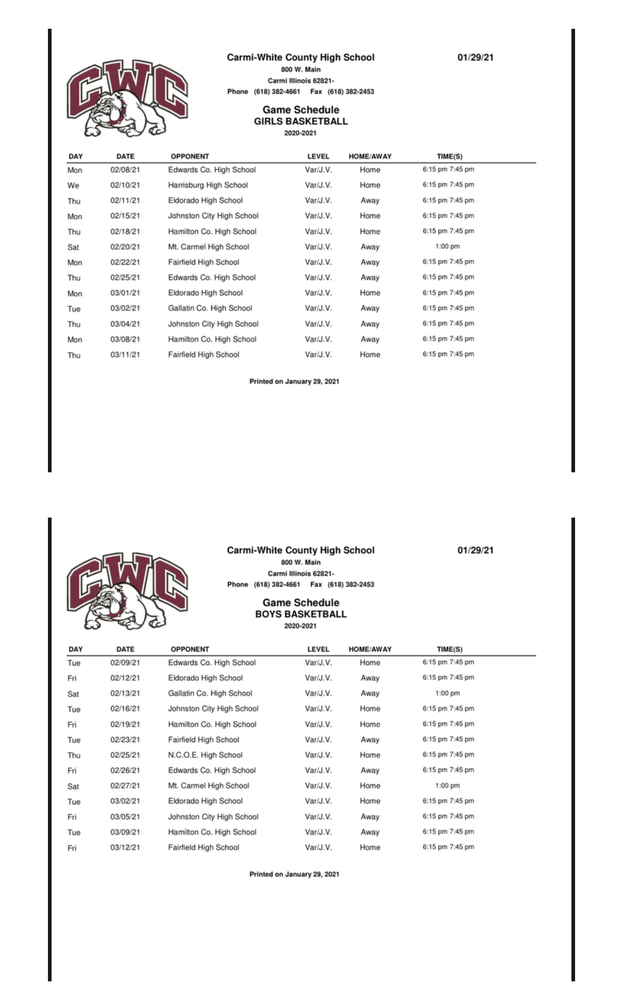 HS Girls & Boys Basketball Schedules CarmiWhite County High School