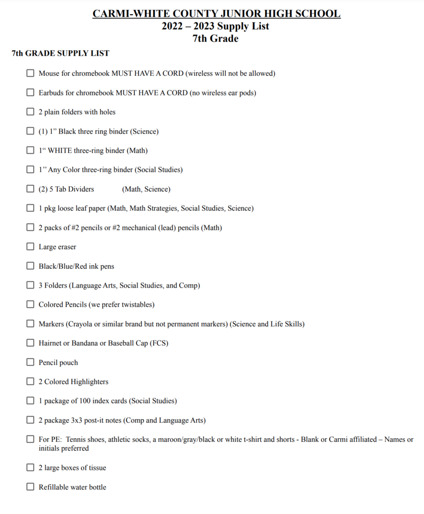 7th and 8th Grade Supply Lists